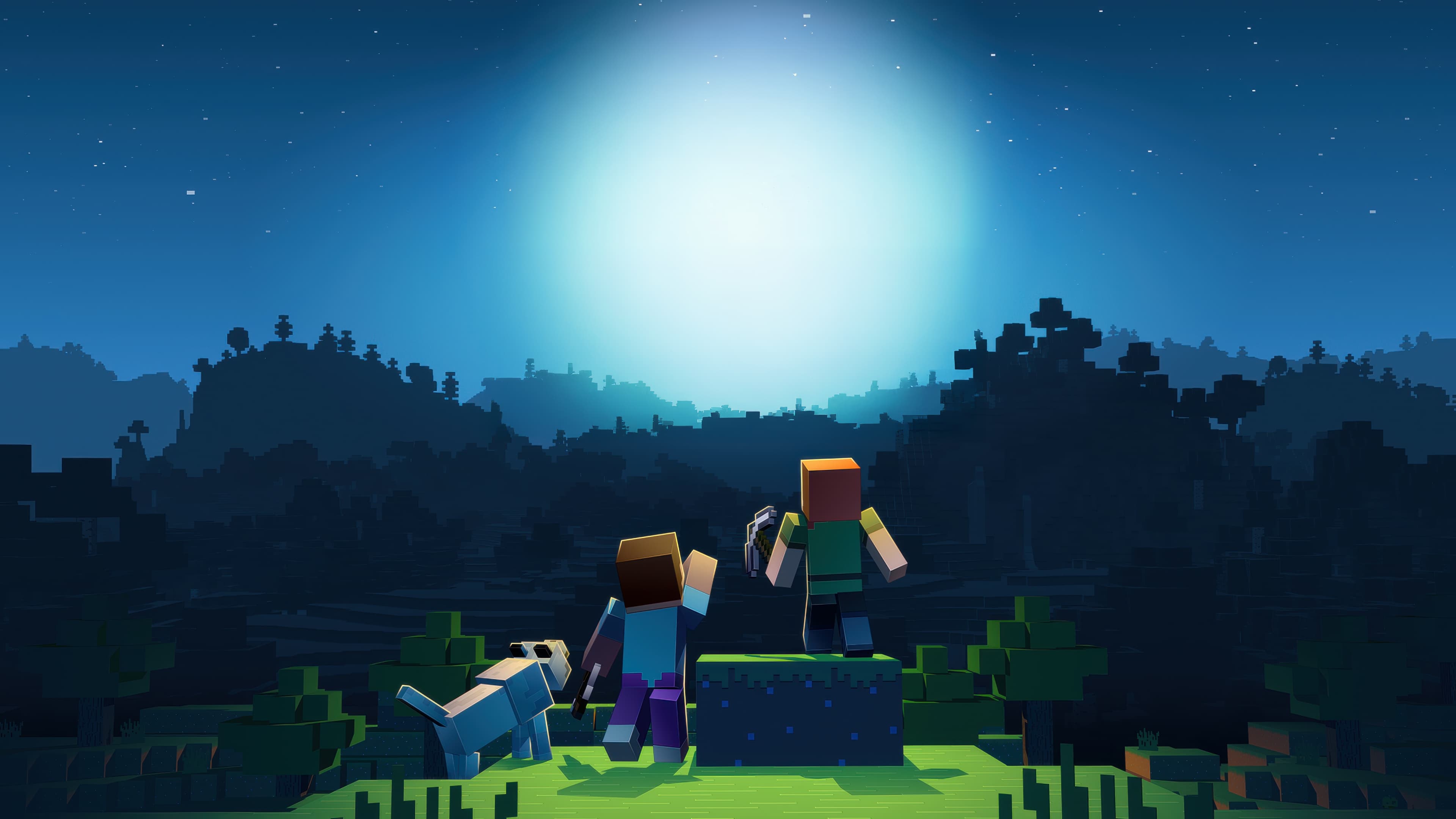 Steve, Alex et des créatures dans un paysage Minecraft coloré