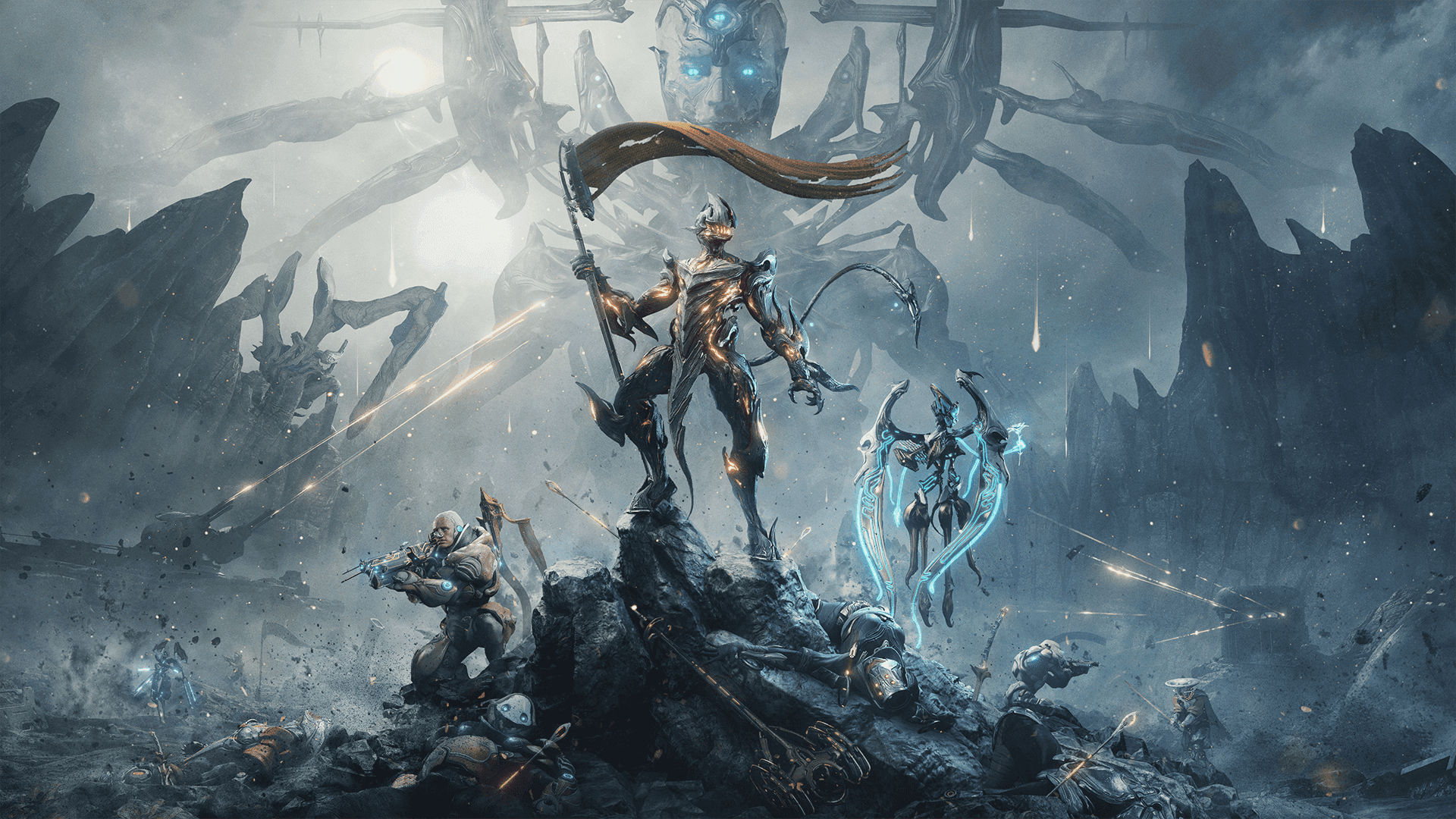 Personnages de Warframe réunis dans l’illustration du jeu